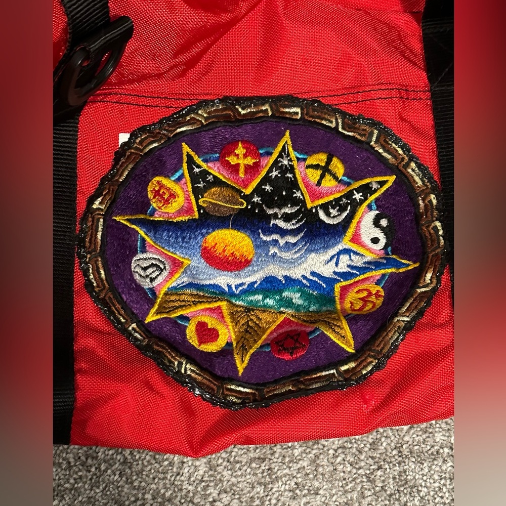 XL fire engine red black coexist Hindu Jewish multi religion yin Yang duffle bag